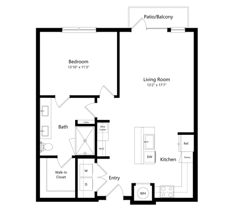 Floor plan for 1 bed, 1 bath, 840 sqft
